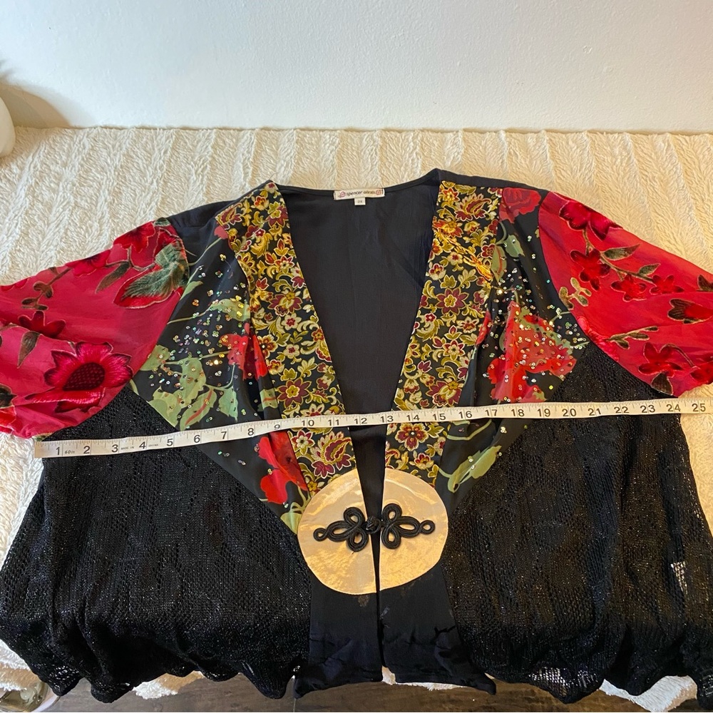 Spencer Alexis Red Black Floral Sheer Sleeve Velvet Detail Kimono Lace Size 2X - Picture 9 of 13